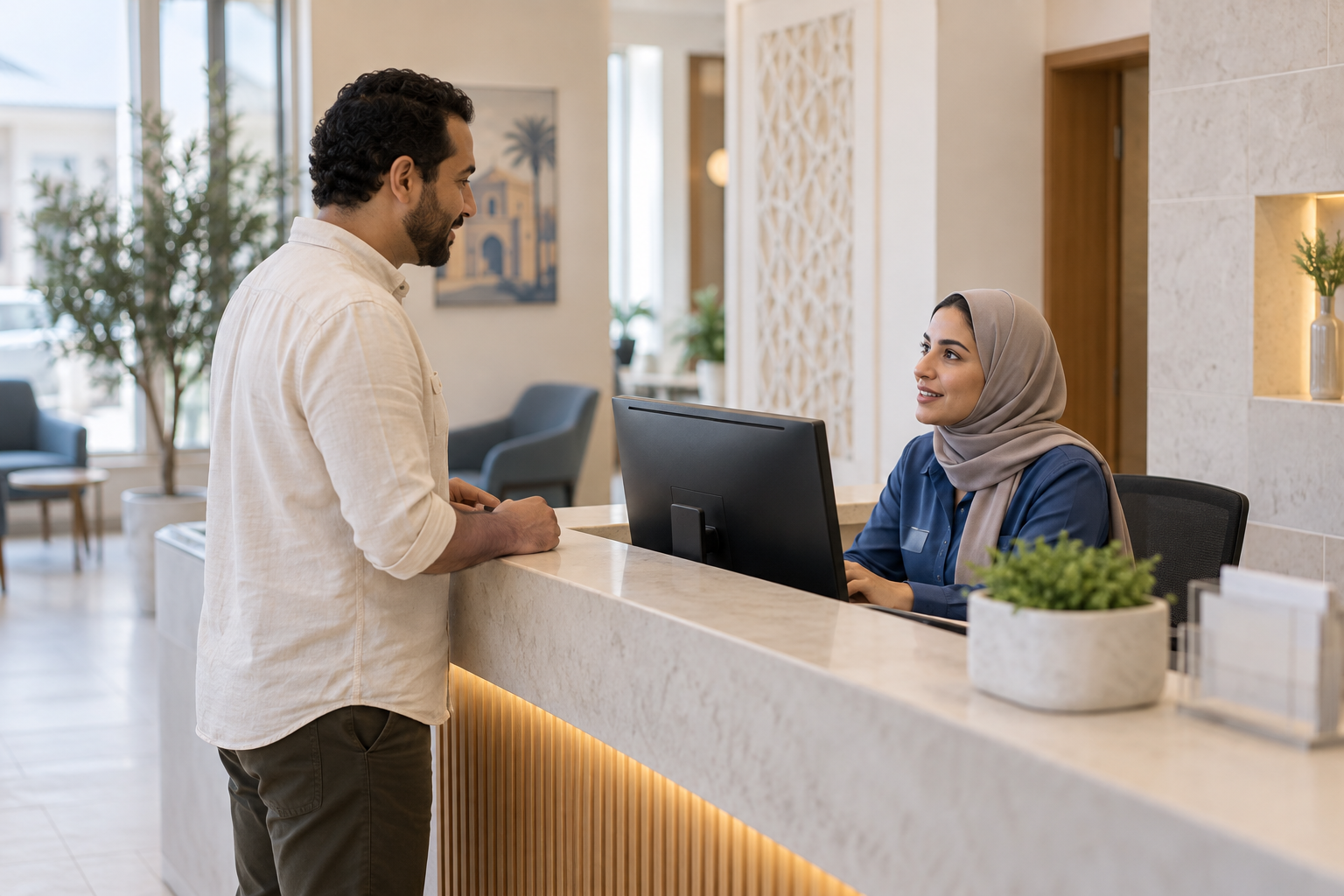 Egyptian clinic professional in a bright reception area