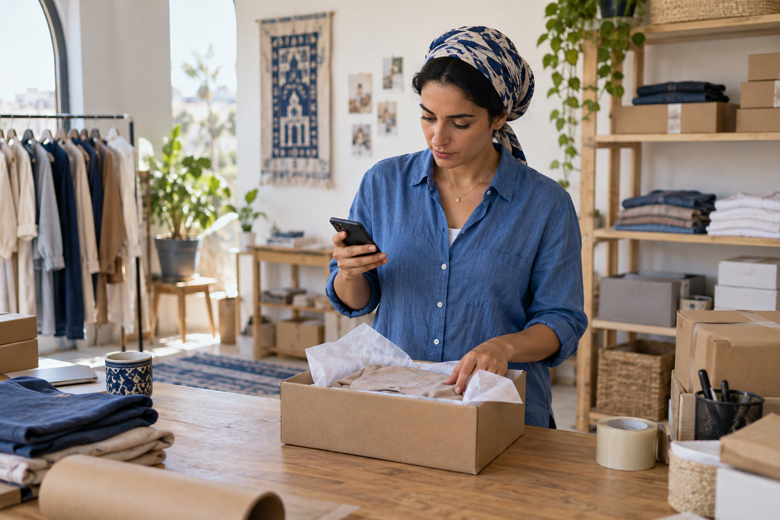Egyptian e-commerce owner preparing customer orders
