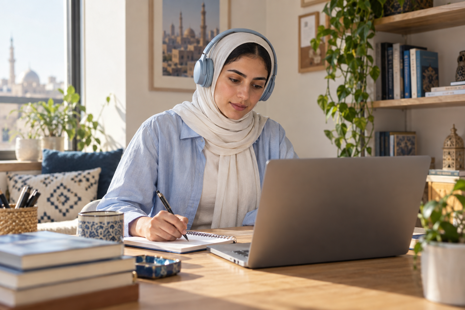 Adult Egyptian learner in a contemporary learning space