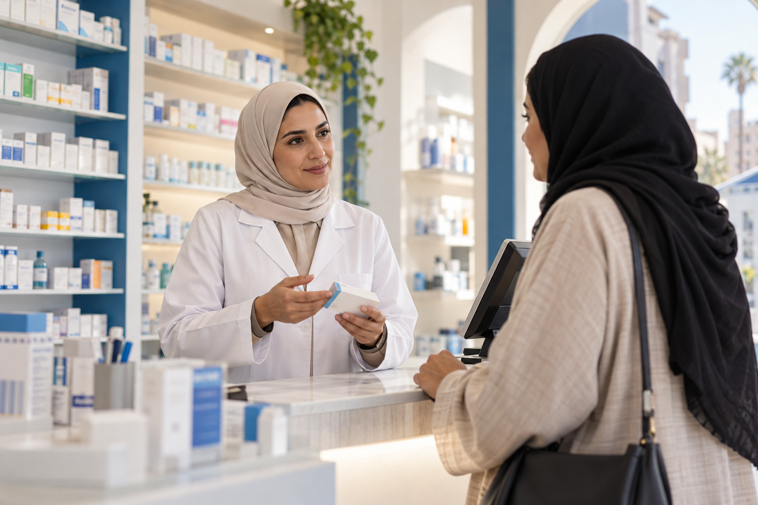 Egyptian pharmacist at a modern pharmacy counter