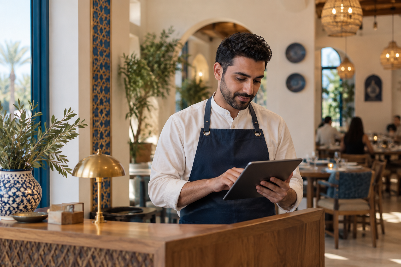 Egyptian restaurant professional welcoming customers