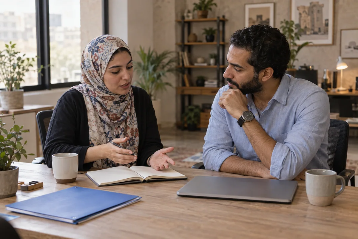Egyptian business leaders discussing customer operations in a modern workspace