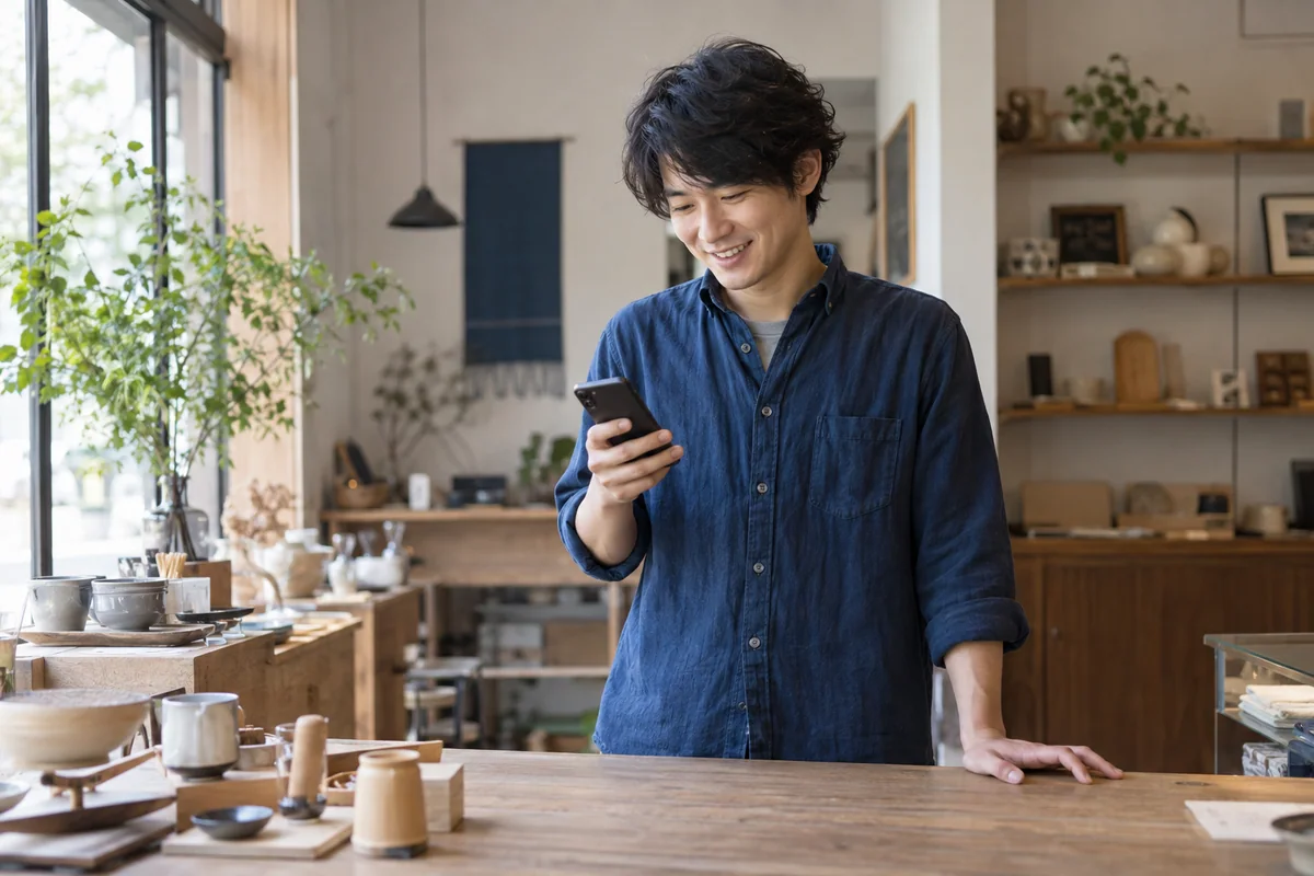 A small-business owner following a customer conversation on his phone — illustrative scene