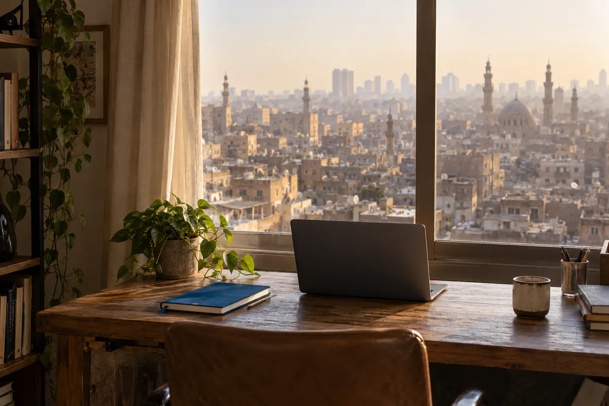 A quiet workspace overlooking Cairo — an editorial illustration, not a photograph of the TalosOps office